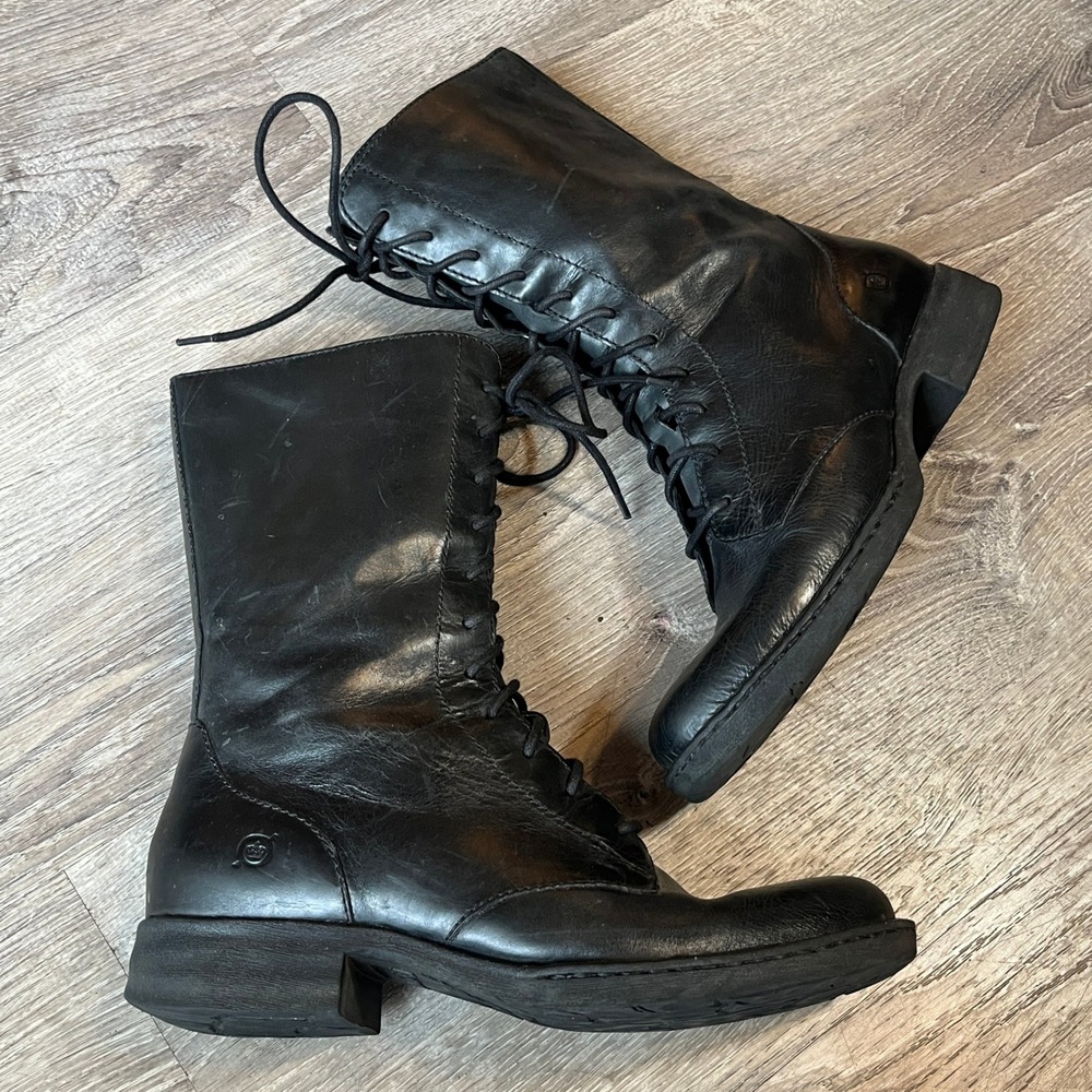 Born Womens Black Leather Lace Up Side Zip Combat Moto Boots Size 9.5 41